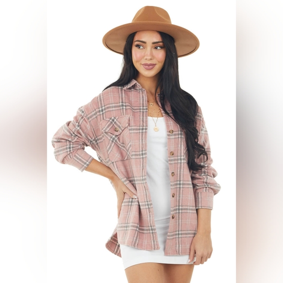 SHE + SKY Baby Pink Plaid Soft Fleece Lightweight Shacket - Picture 7 of 16